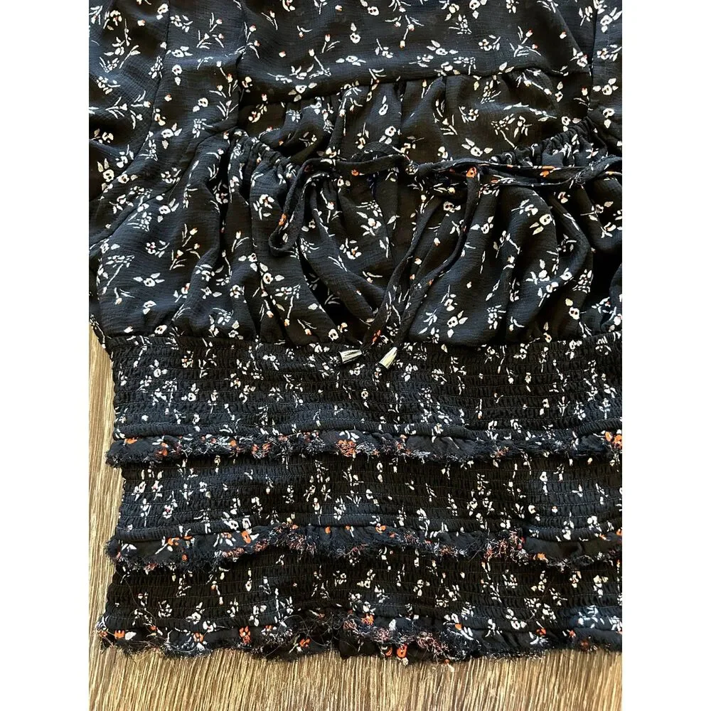 EUC Free People Lolita Floral Peasant Top Black Long Sleeve Boho Blouse Sz Small